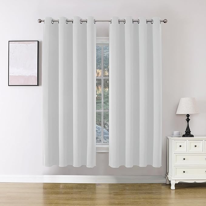 Joydeco Blackout Curtains 63 Inch Length 2 Panels Set, Thermal Insulated Long Curtains& Drapes 2 Burg, Room Darkening Grommet Drapes for Bedroom Living Room Window (Greyish White, W52 x L63 Inch)