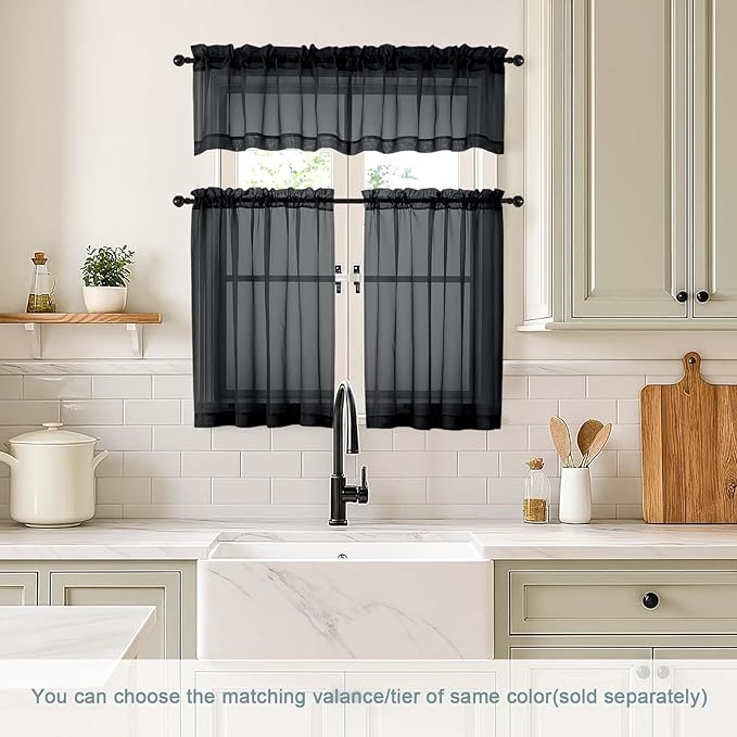 Black Valances for Windows 14 inch Length 2 Panels Set, Small Voile Sheer Curtains for Bathroom, Soft Fabric Lightweight Light Filtering Kitchen Curtains, Dual Rod Pocket, 2x42Wx14L Inches
