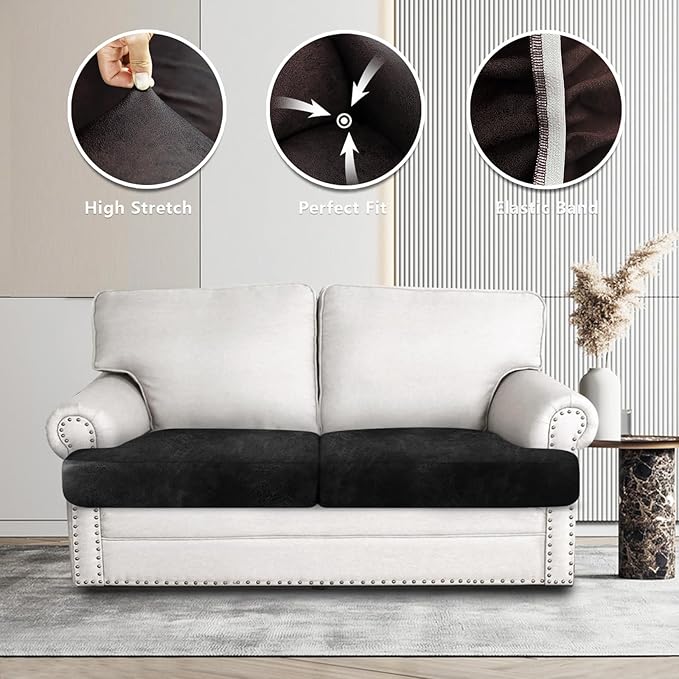 Leather Look Couch Cushion Covers Sofa Seat Slipcovers Sets Couches Furniture Protector for Sectional Armchair Loveseat Pets Kids Stretch Spandex Fabric (2 T-Cushion Loveseat, Chocolate)