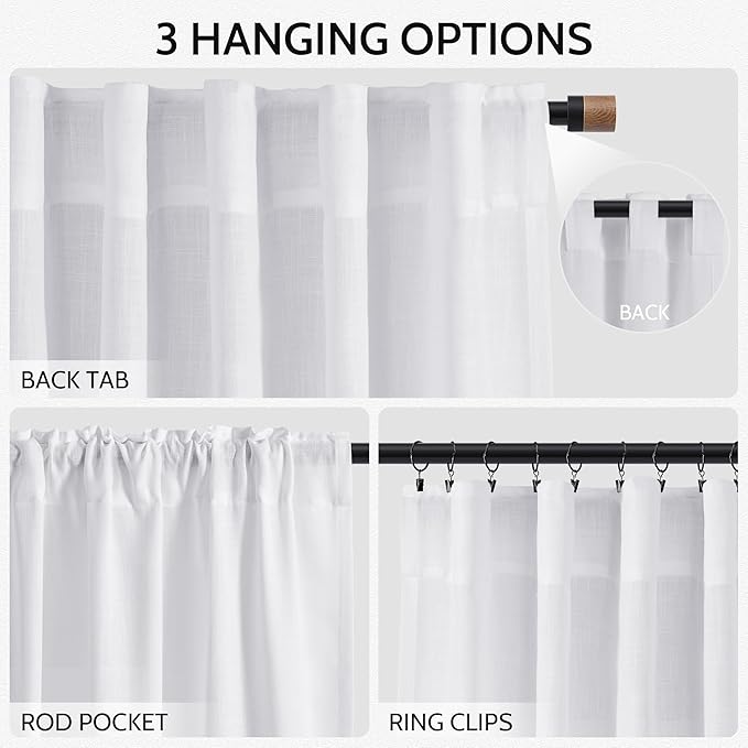 Snow White Linen Curtains 102 Inches Long for Living Room Light Filtering Semi Sheer Curtain Back Tab Luxury Neutral Modern Farmhouse Decor Floor to Ceiling Neutral Drapes for Bedroom 52x102,2 Panels