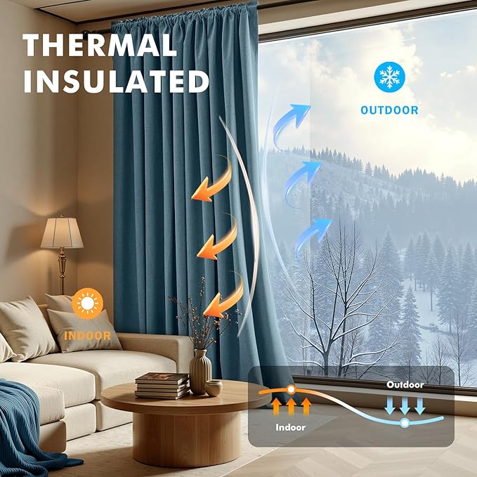 MIULEE 100% Blackout Linen Curtains for Bedroom, Stone Blue Solid Luxury Decor Thermal Insulation Room Darkening Drapes for Living Room Nursery Back Tab Rod Pocket 42 x 72 Inches, 2 Panels