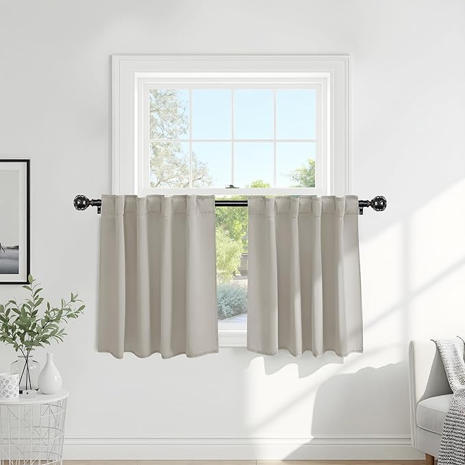PONY DANCE Short Black Out Curtain Panels for Basement, Small Curtains for Bathroom, Thermal Insulated Tiers for Basement, 34x30 Inch, Cream, 2 Panels