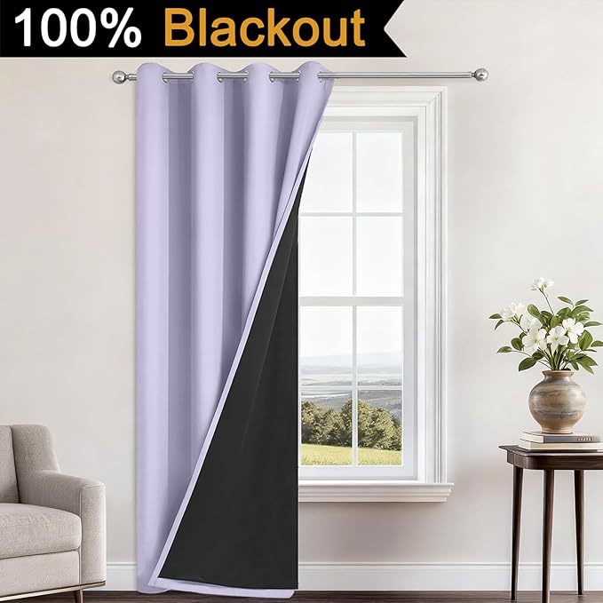 Yakamok 100% Blackout Curtains 84 Inches Long, 2 Thick Layers Heat and Full Light Blocking Soft Thermal Insulated Drapes for Bedroom(52" Wide Each Panel, Lilac, 1 Panel)