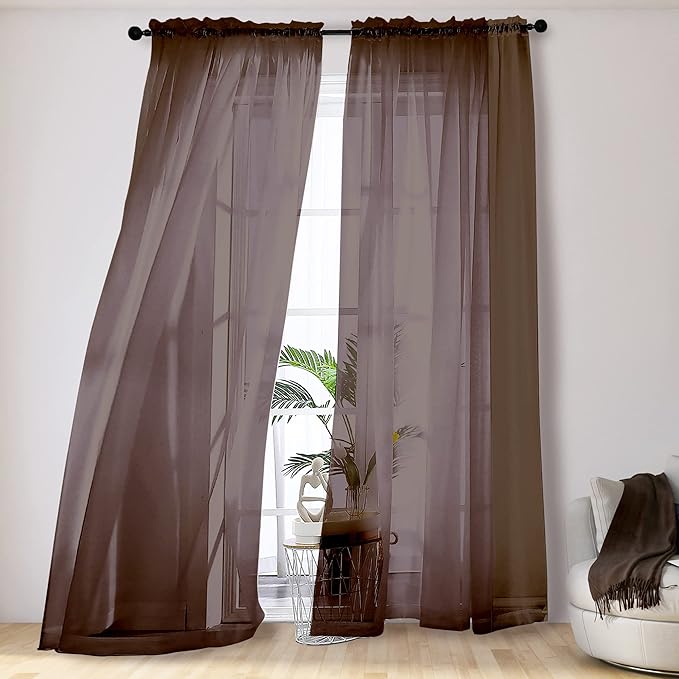 OVZME Brown Sheer Curtains 108 Inches Long, Light Filtering Semi Transparent Lightweight Voile Rod Pocket Window Curtains for Bedroom, Living Room, W42 x L108, Set of 2 Drape Panels