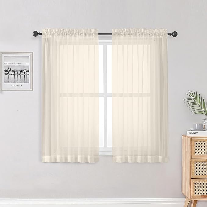 OWENIE Sheer Cream Curtains 84 Inch Length 2 Panels Set for Living Room Bedroom, Rod Pocket Voile Sheer Panel Drapes, Cream, 2pcs, Each 42" W x 48" L