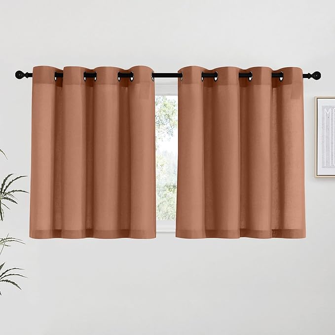 NICETOWN Caramel Linen Curtains for Kitchen, Thick Flax Small Window Treatments Semi Sheer Privacy Assured with Light Through for Cafe/Bathroom, W55 x L36, 2 Panels