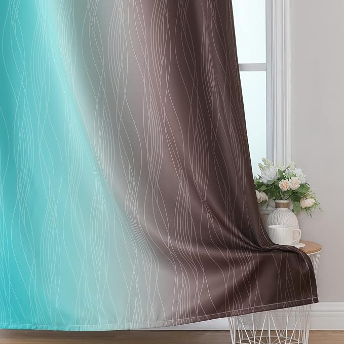 Estelar Textiler Ombre Blackout Curtains 102 Inches Long 2 Panels Set, Brown and Teal Thermal Insulated Drapes for Bedroom, Full Room Darkening Grommet Curtains for Living Room, 52Wx102L