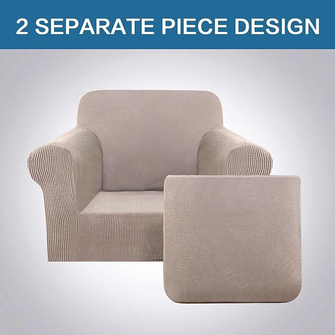 H.VERSAILTEX Armchair Slipcover Chair Cover 2 Piece Stretch Slipcovers Furniture Protector with Elastic Bottom Fit Armchair Width Up to 47 Inch, Stretch Spandex Jacquard Fabric(Chair, Sand)