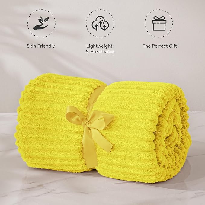 BEDELITE Fleece Blanket Twin Size – 3D Ribbed Jacquard Soft and Warm Decorative Fuzzy Blankets – Cozy, Fluffy, Plush Lightweight Throw Blankets for Couch, Bed, Sofa(Yellow, 60x80 inches)