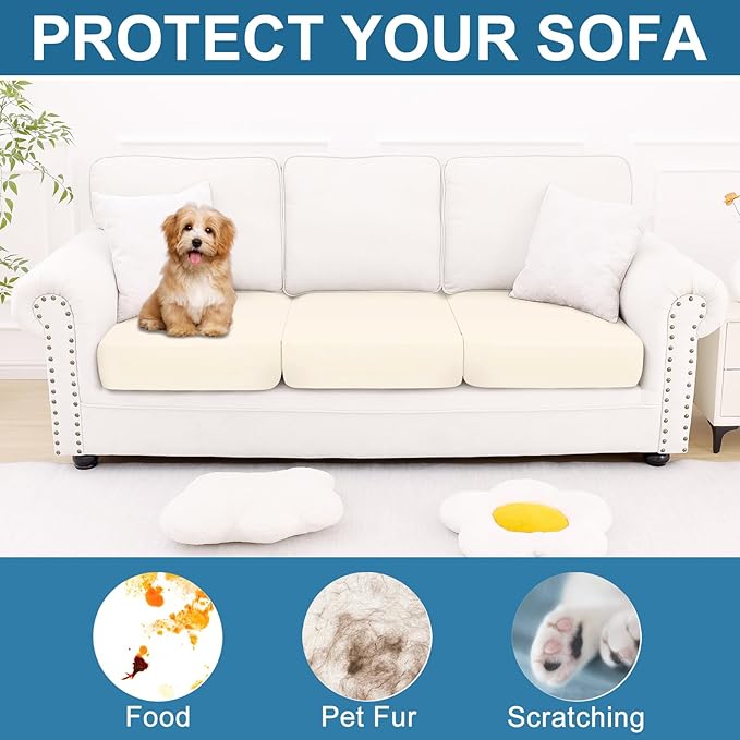 Smiry Printed Couch Cushion Covers, Stretch Soft Couch Covers for Sofa, Washable Non-Slip Sofa Slipcover Furniture Protector for Indoor and Outdoor (3 Pack, Cream)
