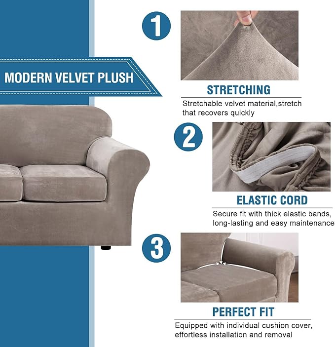 H.VERSAILTEX Real Velvet Plush 3 Piece Stretch Sofa Covers Couch Covers for 2 Cushion Couch Loveseat Covers Width Up to 72 Inch Feature Thick Soft Stay in Place (Medium Sofa, Taupe)