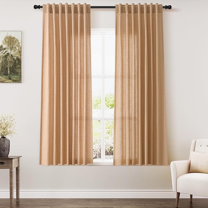 Nanspring Camel Linen Curtains 63 Inches Length 2 Panels Set for Living Room Back Tab Pocket Light Filtering Semi Sheer Drapes Modern Farmhouse Cotton Linen Textured Window Curtain 52X63 Inches