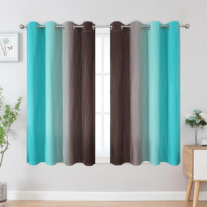 Estelar Textiler Teal and Brown Blackout Curtains 54 Inch Length, Light Blocking Gradient Grommet Drapes for Living Room, Thermal Insulated Ombre Curtains for Bathroom,52Wx54L,2 Panels