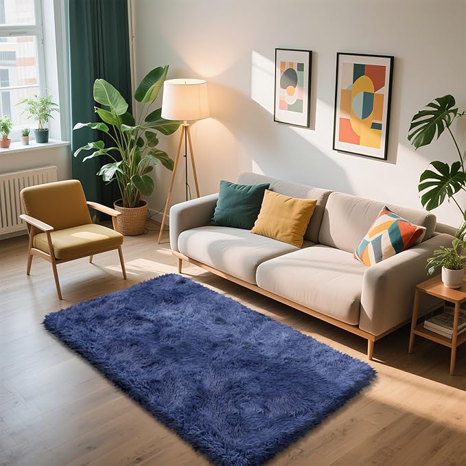 Shag Area Rug for Bedroom 3x5,Blue Fluffy Area Rugs for Living Room,Soft Fuzzy Rug Non-Shedding Indoor Plush Carpet for Kids Bedroom Nursery Dorm Home Decor