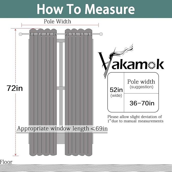 Yakamok 100% Blackout Curtains 72 Inches Long, 2 Thick Layers Thermal Insulated Window Treatment for Bedroom, Heat and Full Light Blocking Drapes with Black Liner (52Wx72L,Dark Grey,2 Panels)