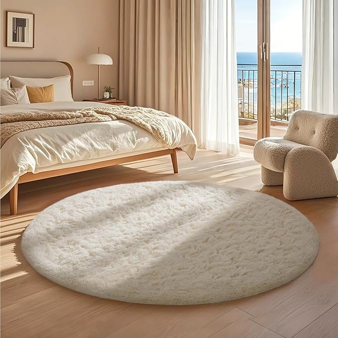 Ophanie Round Rug 4Ft Ivory Circle Area Rugs, Fluffy Fuzzy Small Bedroom Carpet 4 foot, Plush Shag Floor Cream Living Room Christmas Circular Aesthetic Decor for Kids Teen Boys Baby, Nursery,Classroom