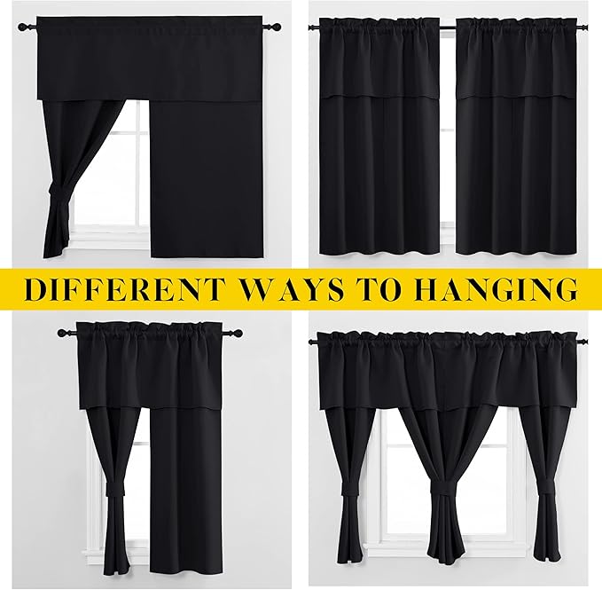 NICETOWN Black Blackout Curtains with Attached Valance, Solid Room Darkening Window Treatment Drapes/Draperies for Bedroom (2 PCs, 52 inches Wide by 45 inches Long)