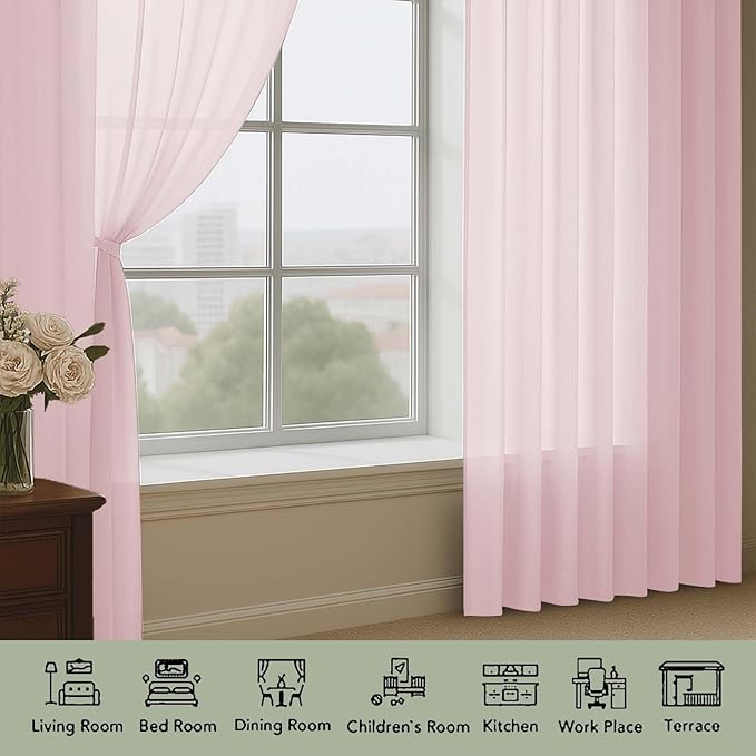 OWENIE Extra Long Blush Sheer Curtains 96 Inches Long 2 Panels Set, Soft Lightweight Airy Voile Sheer Curtain for Bedroom Living Room, Rod Pocket Solid Color Farmhouse Curtains, 59" Wx96 L Inch