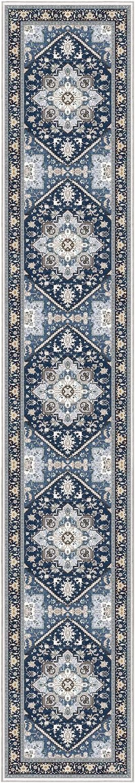 OPPODREAM Soft Entryway Rug 2x12, 2x12 Rug Runner, Washable Hallways Carpet 2 x 12 with Non Slip Backing, Low-Pile Bedside Carpet 2 x 12, Long, Faux Cashmere, Navy Blue & Gold