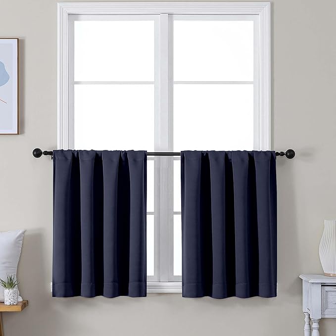 Simplebrand Ava Navy Blue Short 30 Inches Blackout Curtain 2 Panels Set, Half Window Rod Pocket Privacy Curtain Tiers for Kitchen, Curtains Blackout for Bathroom Shades, W30 x L30 Inch, Navy Blue
