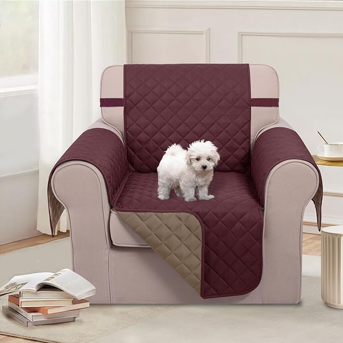U-NICE HOME Reversible Oversized Chair Covers Quilted Water Repellent Pet Protectors with Elastic Straps(28''Armchair, Burgundy/Tan)