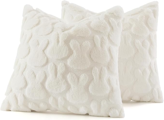 decorUhome Easter Bunny Pillow Covers 16x16 Inch Set of 2, Soft Plush Faux Wool Jacquard Cream White Rabbit Cushion Covers, Farmhouse Neutral Spring Easter Holiday Decor for Couch Sofa Bed