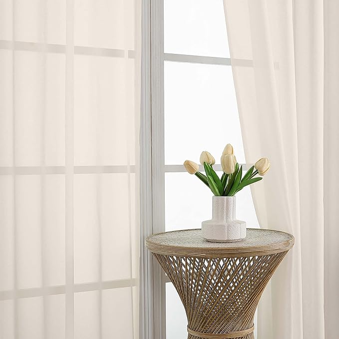 OVZME Cream Bedroom Curtains 2 Panel Sets 96 Inch Length, 59 Inch Extra Wide Light Filtering Voile Drapes Light Airy Window Drapes for Patio Door Living Room Bedroom Dining, 59Wx96L Inches