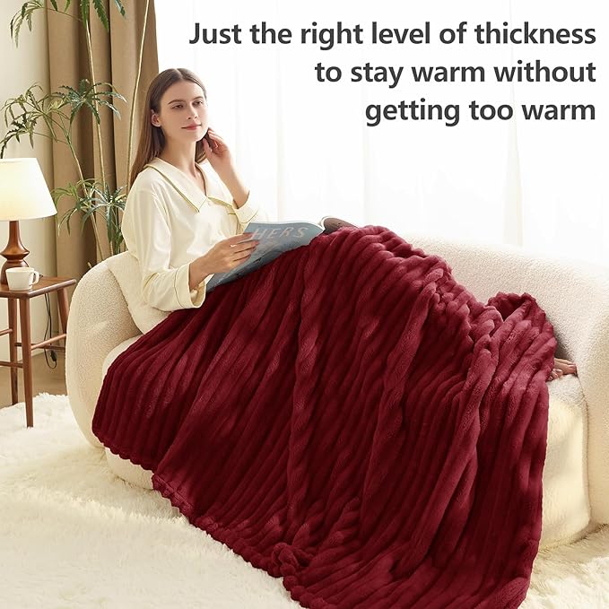 HIMEET Deep Red Ribbed Twin Blanket for Bed - 300GSM Lightweight Soft Fleece Blanket for Men Women, Blankets Graduation Birthday Gifts, Striped Spring Home School Dorm Decor, Deep Red, 60x80 Inches