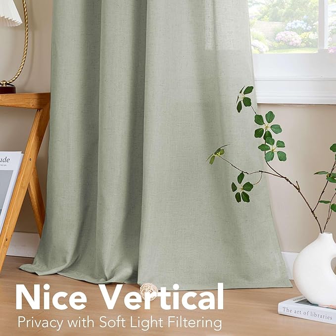 H.VERSAILTEX Elegant Natural Linen Blended Energy Efficient Light Filtering Linen Semi Sheer Textured Curtains/Nickel Grommet Window Treatments Panels/Drapes (Set of 2, Sage, 52 Inch x 45 Inch)