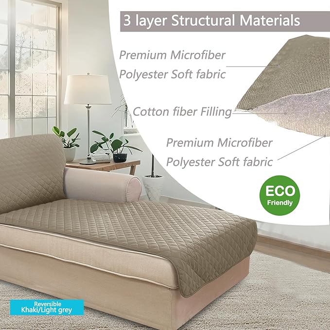 U-NICE HOME Sectional Couch Cover for Dogs Chaise Lounge Reversible Sofa Cover Furniture Protector Cover for Pets with Elastic Adjustable Strap (Chaise Lounge, Khaki/Light Grey)