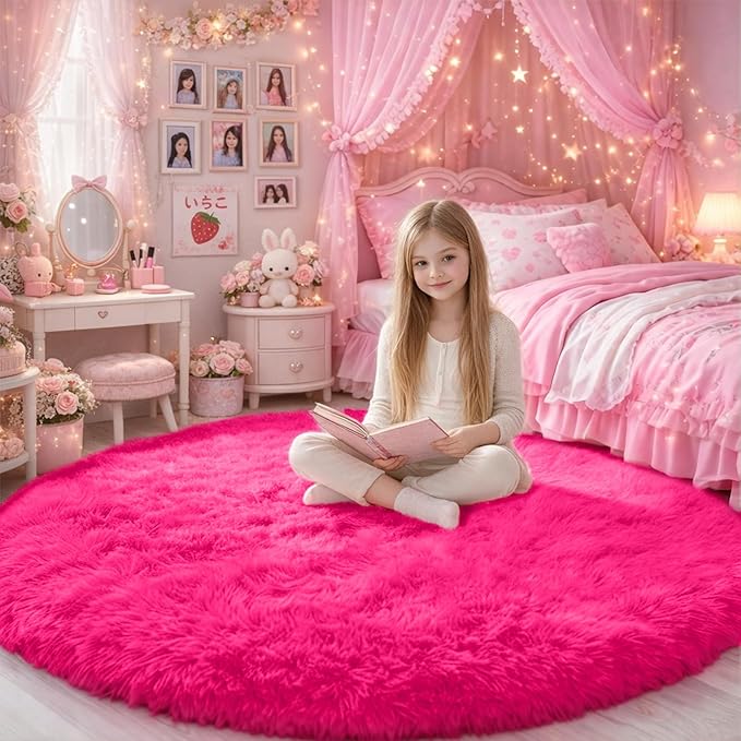 Hot Pink Round Circle Rug 6Ft for Girls Bedroom, Big Fluffy Area Rugs for Kids Room Decor Aesthetic, Shag Plush Fuzzy Furry Carpet for Living Room Nursery Dorm Classroom, Cute Teen Baby Preppy Rug