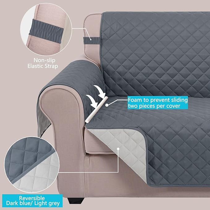 U-NICE HOME Large Sofa Cover Reversible Couch Cover for Dogs with Elastic Straps Water Resistant Furniture Protector for Pets Couch Cover for 4 Cushion Couch (Oversized Sofa, Dark Blue/Light Grey)