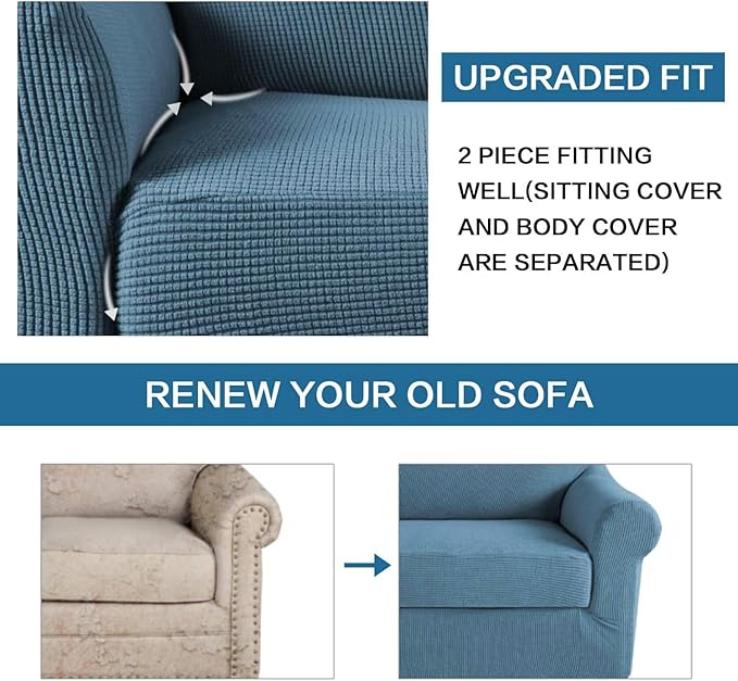 H.VERSAILTEX High Stretch Chair Cover Chair Slipcover 2 Piece Couch Shield Furniture Cover/Protector Soft with High Spandex Jacquard Checked Pattern Fabric (Chair, Dusty Blue)