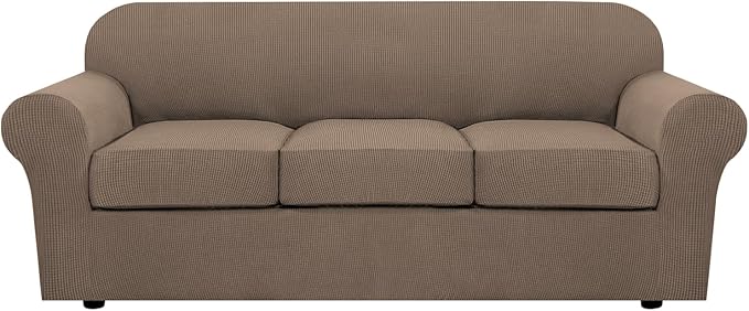 H.VERSAILTEX 4 Piece Stretch Sofa Covers for 3 Cushion Couch Covers for Living Room Furniture Slipcovers (Base Cover Plus 3 Seat Cushion Covers) Upgraded Thicker Jacquard Fabric (Sofa, Macchiato)