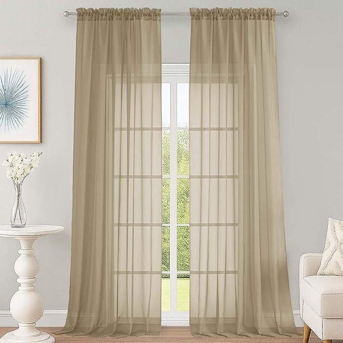 OWENIE Taupe Sheer Curtains 120 Inches Long 2 Panels Set, Airy Lightweight Sheer Taupe Curtains for Living Room Bedroom, Farmhouse Voile Filmy Rod Pocket Curtains Drapes, 2 Pcs, Each 59" Wx120 L Inch
