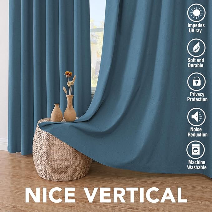 H.VERSAILTEX 100% Blackout Curtains for Bedroom Thermal Insulated Linen Textured Curtains Heat and Full Light Blocking Drapes Living Room Curtains 2 Panel Sets, Blue Sapphire, 52x45 Inch