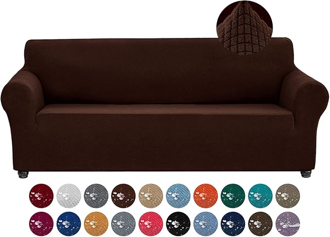 Joccun Stretch Couch Cover Slipcovers, 1-Piece Sofa Covers for 3 Cushion Couch Spandex Jacquard Washable Furniture Protector Cover for Living Room,Kids,Pets(Sofa,Chocolate)