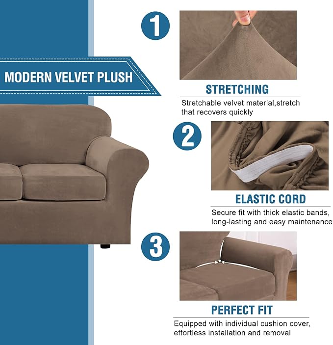 H.VERSAILTEX High Stretch Sofa Slipcover 4 Piece Cover Velvet Furniture Protector Form Fit Thick Velvet Extra Large Sofa Cover for 3 Cushion Couch Width Up to 97 Inch (Large Sofa, Mocha)