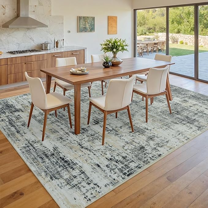 10x12 Area Rugs for Living Room Washable Rug: Anti-Skid Abstract Modern Living Room Rug Soft Thin Carpets Indoor Floor Non-Shedding Carpet for Bedroom Dining Farmhouse Nursery Black Gray Gold