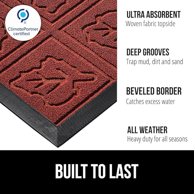 GORILLA GRIP 100% Waterproof All-Season WeatherMAX Doormat 35x23, US Designed Natural Rubber, Stain and Fade Resistant, Low Profile Indoor Outdoor Door Mats, Easy Clean Patio Mat, Burgundy Leaves