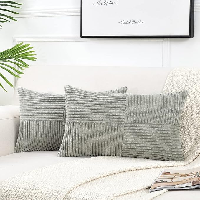 Fancy Homi 2 Packs Grey Lumbar Decorative Throw Pillow Covers 14x24 Inch for Living Room Couch Bed Sofa, Rustic Farmhouse Boho Home Decor, Soft Striped Corduroy Rectangle Accent Cushion Case 35x60 cm