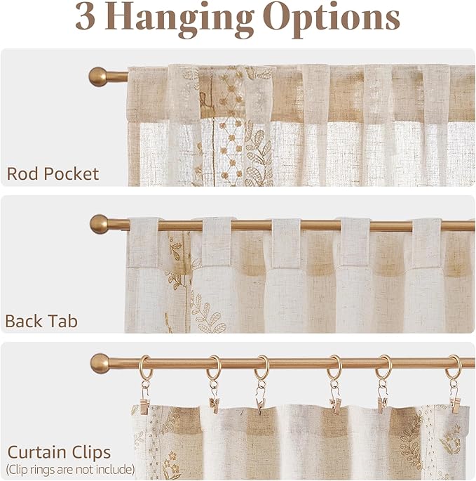jinchan Belrose Linen Floral Cafe Curtains 54 Inch Length Embroidered Farmhouse Curtains for Kitchen Bedroom Bathroom Small Windows Curtain Set Light Filtering 2 Panels Beige