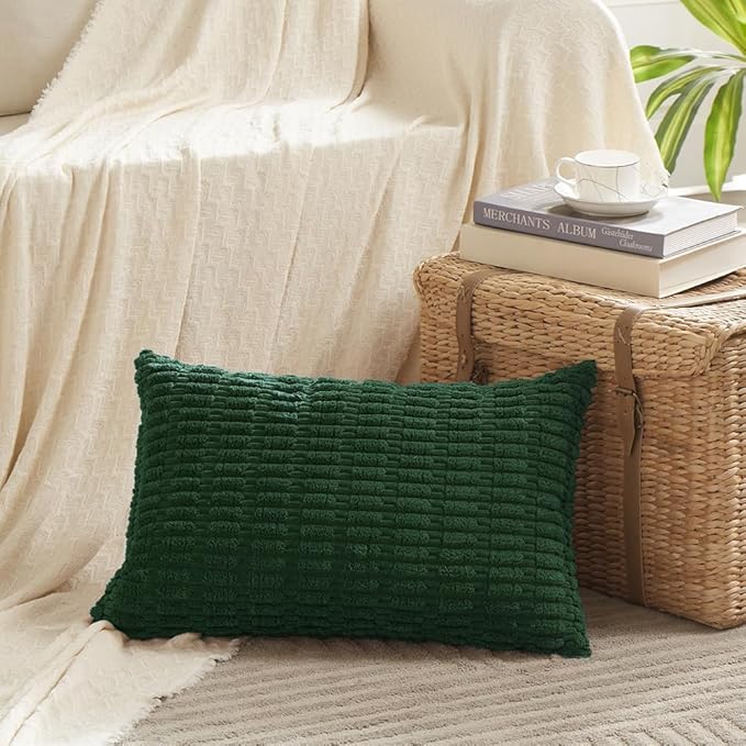 Fancy Homi Set of 4 Dark Green Lumbar Rectangle Decorative Throw Pillow Covers 16x24 Inch for Couch Bed Chair, Aesthetic Boho Room Decor, Soft Fuzzy Thick Corduroy Cute Textured Cushion Case 40x60cm