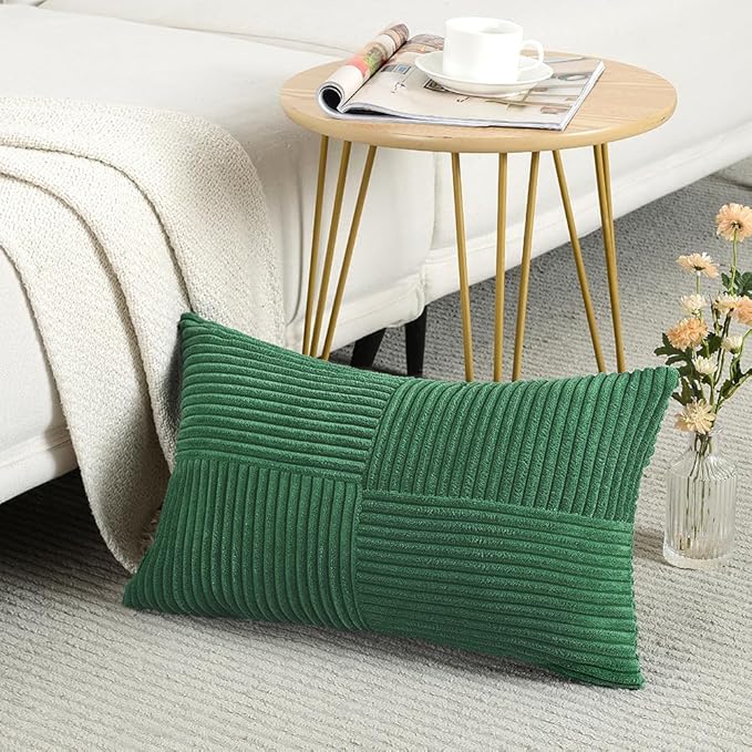 Fancy Homi 2 Packs Green Lumbar Decorative Throw Pillow Covers 12x20 Inch for Couch Bed Sofa, Holiday Christmas Home Decor Gift, Soft Striped Corduroy Rectangle Accent Cushion Case 30x50 cm
