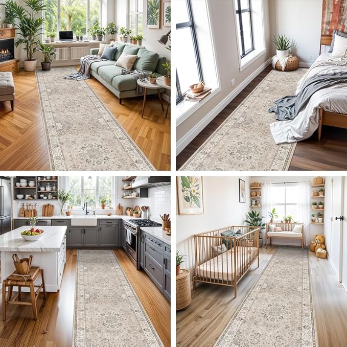 Hallway Washable Runner Rug - 2x7 Kitchen Rugs Entryway Rug Runner Vintage Soft Floor Mat Non Slip Indoor Farmhouse Carpet for Bathroom Living Room Bedroom (2 X 7, Beige)