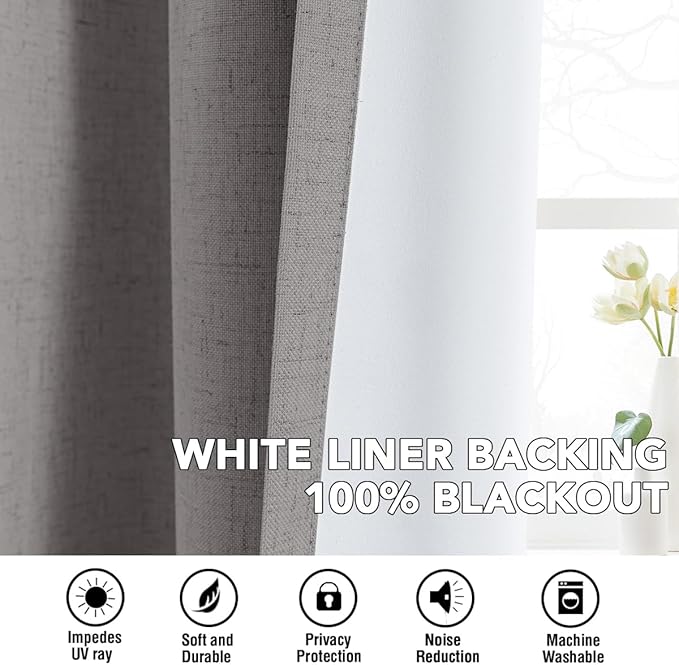 H.VERSAILTEX Linen Curtains 100% Blackout Curtains for Bedroom 63 inch Long Full Light Blocking Nature Linen Blended Window Curtains for Living Room Nickel Grommet (2 Panels, Heathered Dove)