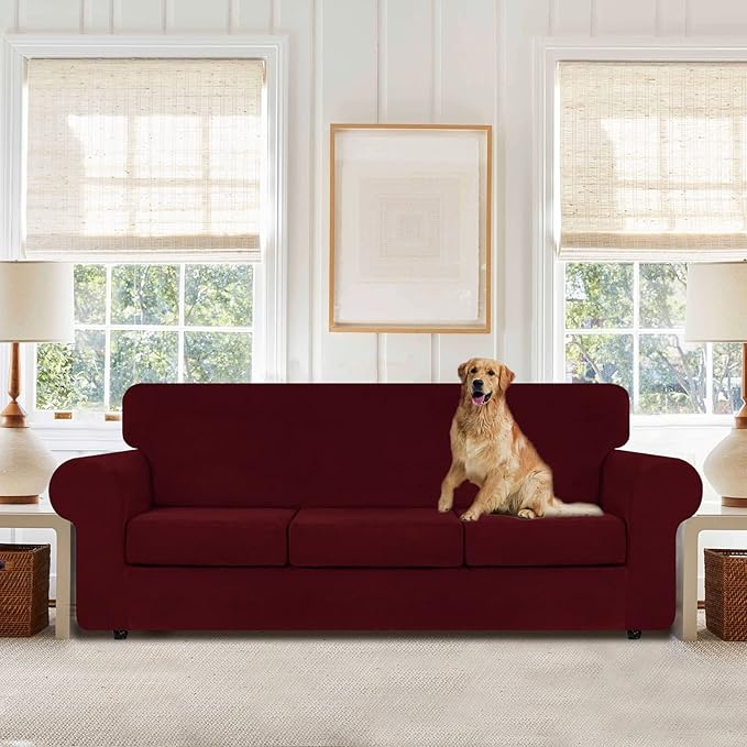 WEERRW Velvet High Stretch Couch Covers for 3 Cushion Couch Sofa Slipcovers, Washable Furniture Protector with Non Slip Elastic Bottom, Feature Soft and Thick Plush Fabric, Burgundy, Large