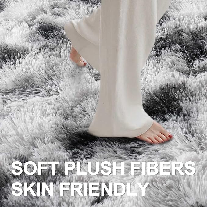 5x7 Ft Large Shag Rugs for Bedroom Living Room Decor for Men Boys, Tie Dyed Ultra Soft Fluffy Furry Area Rug for Indoor Floor, Aesthetic Carpet for Home Decor (Black White)
