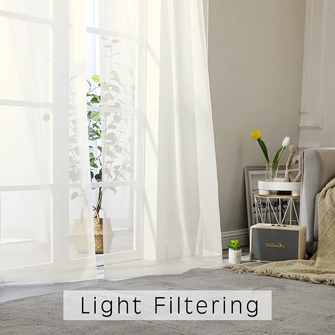 OVZME Sheer Ivory Curtains Light Filtering Window Drapes for Living Room Bedroom and Wedding Party, Voile Nice Vertical Sense Sliding Glass Door, Per Panel 42 by 96 Inch, Set of 2 Pieces