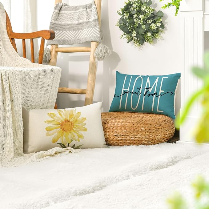 AVOIN colorlife Home Sweet Home Spring Summer Flowers Yellow Throw Pillow Covers, 12 x 20 Inch Blue Cushion Case for Sofa Couch Set of 4